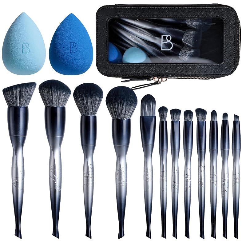 Makeup Brush Set with Sponges – 12 Professional Brushes & 2 Latex-Free Sponges