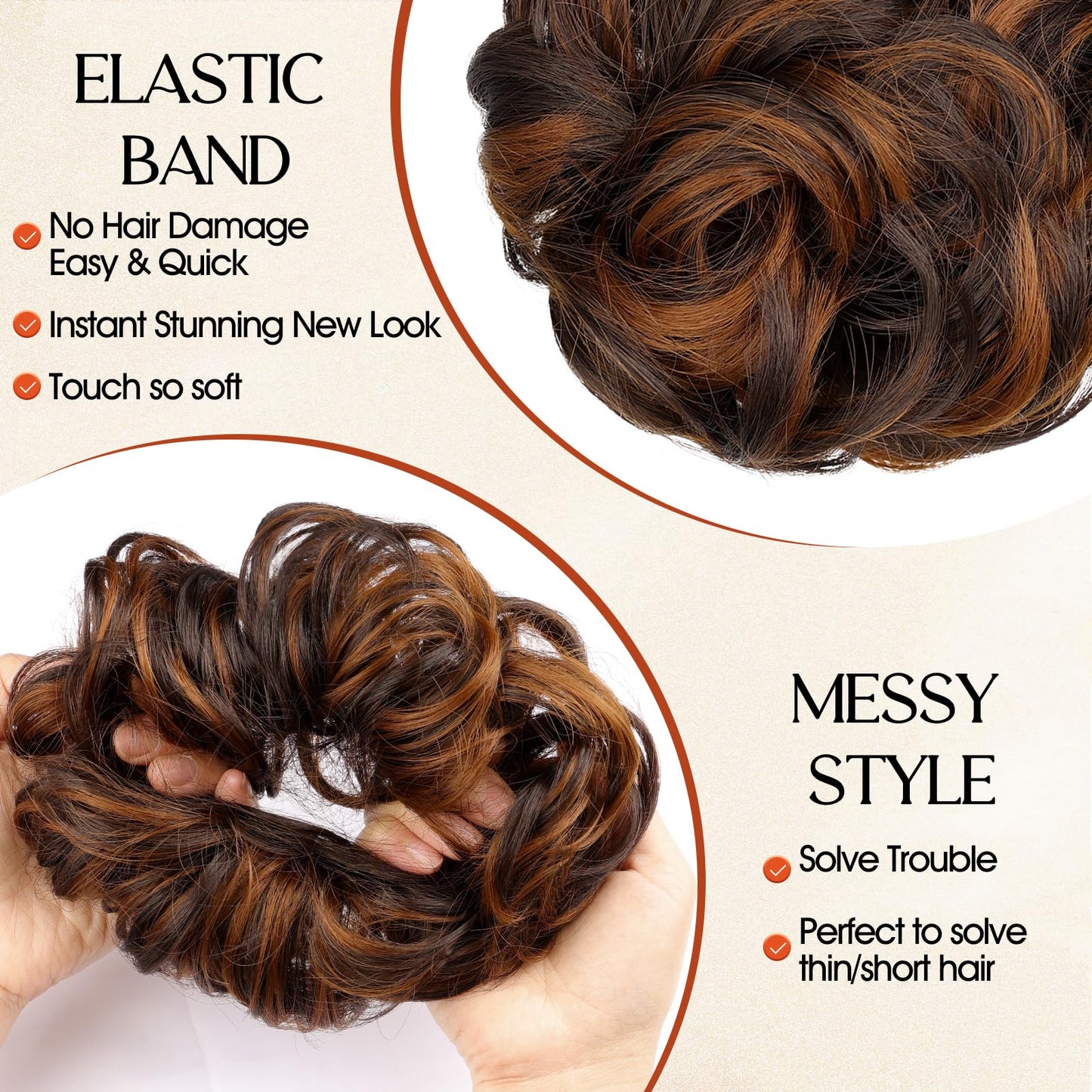 RONTAYA 2PCS Messy Bun Hair Piece Wavy Curly Scrunchies Synthetic Chignon Ponytail Hair Extensions Updo Hairpieces for Women Dark Brown/Light Auburn