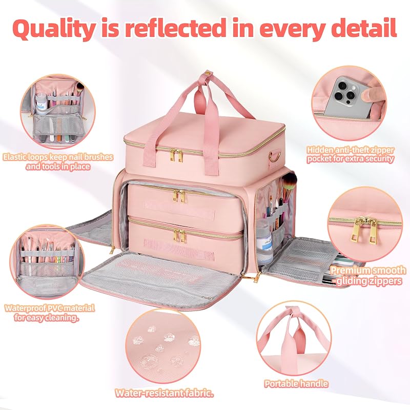 Derstuwe Nail Polish Organizer Case – 96 Bottle Capacity with Hard Bottom & Lamp Compartment (Pink)