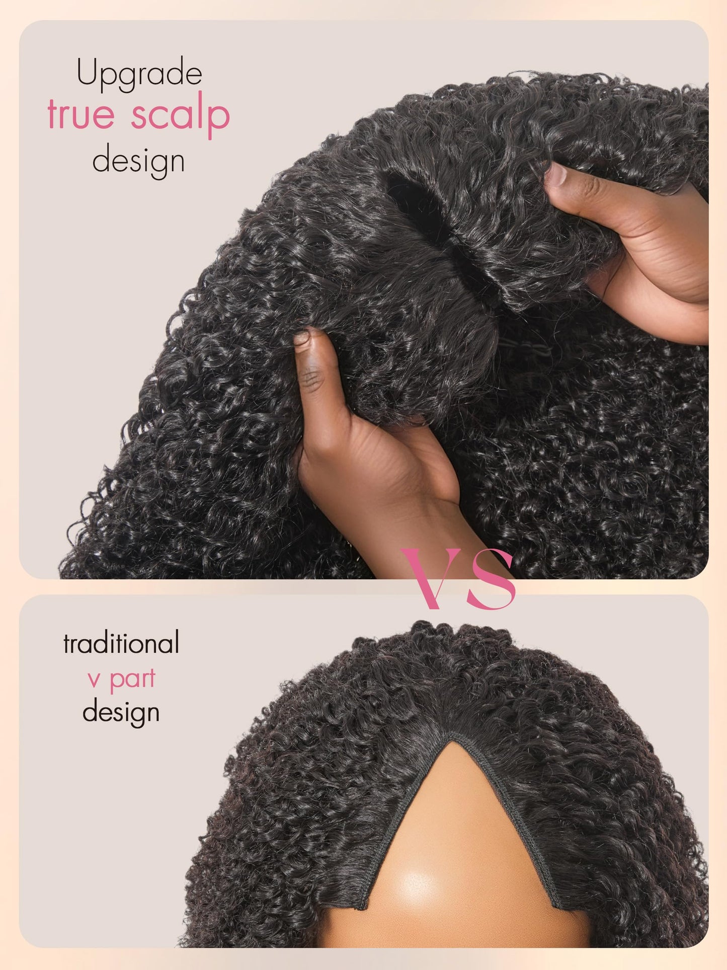 LUVME HAIR V Part Wig Human Hair Drawstring Wig Kinky Curly Half Wig 20 inch U Part 100% Real Human Hair Glueless None Lace Wigs Virgin Hair Machine Made Wigs 200 Density Natural Color