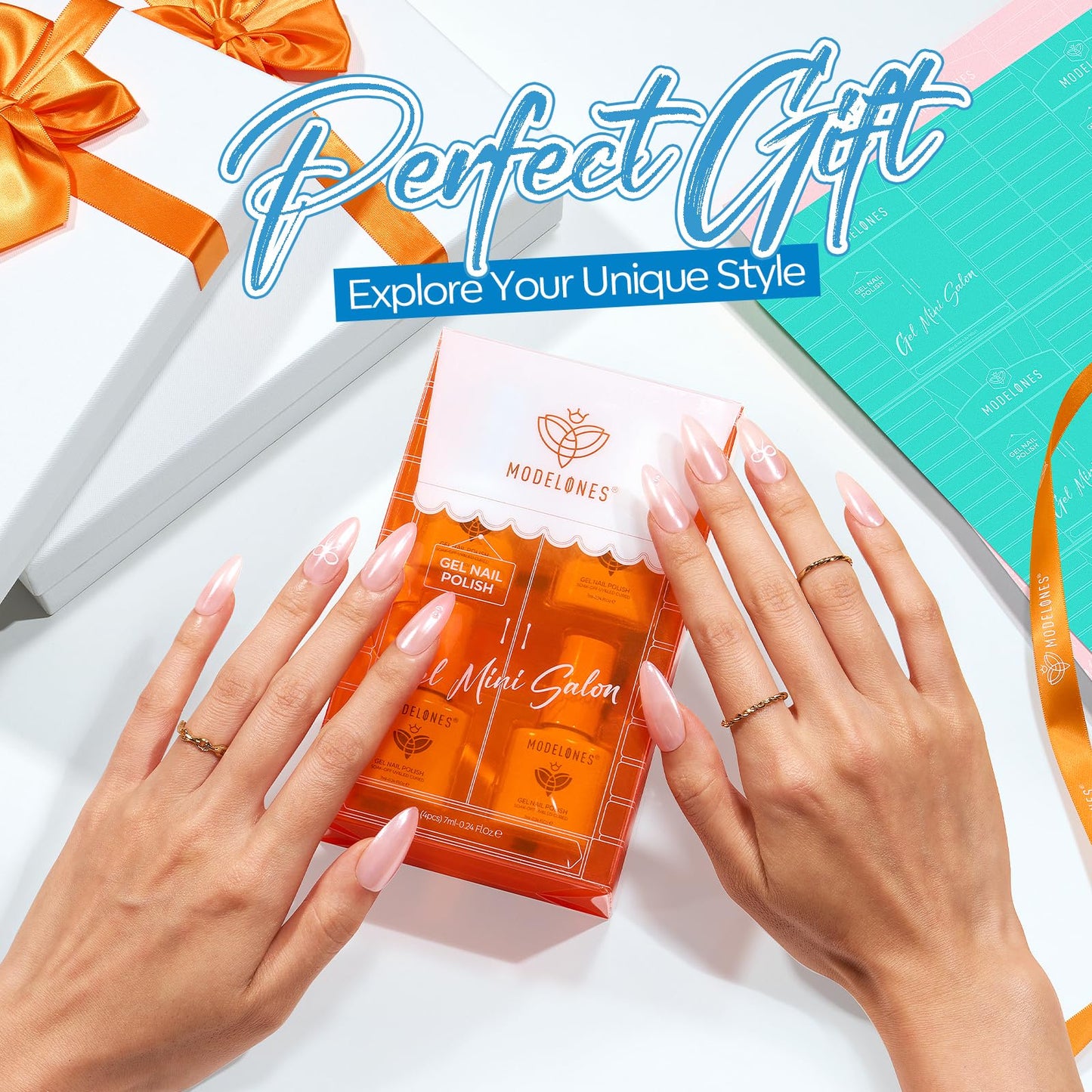 modelones Gel Nail Polish Kit White French Jelly Pink Pastel Blue Ocean Gel Polish Set with 10 Pcs Nails Sponge for Ombre & Stickers, 4 Colors Gel Mini Salon Home DIY Trend Manicure Gift for Women