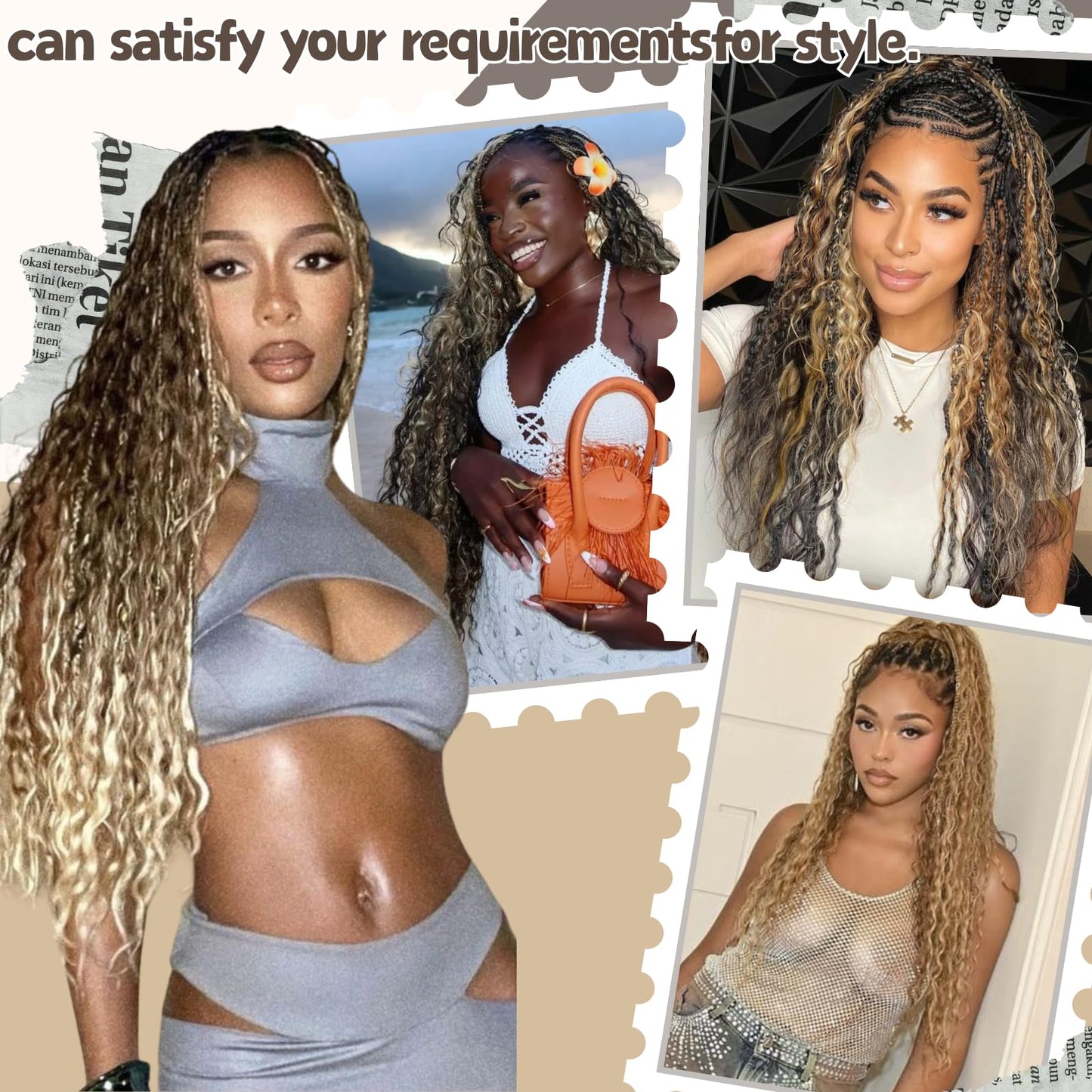 Boho Hair for Braiding, 6 Bundles 24 Inch Deep Wave Bulk for Boho Braids No Weft 200G Curly Bohemian Wet and Wavy Faux Braiding Hair Extensions,(P27/30#)