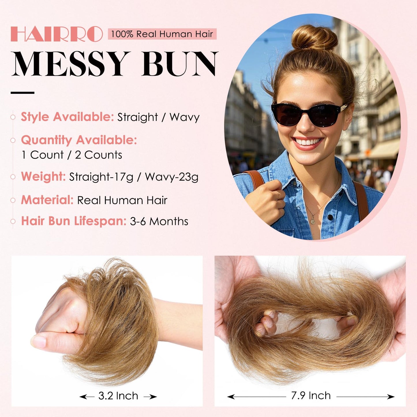 Hairro Human Hair Messy Bun, 100% Real Ponytail Hair Scrunchies, Natural Curly Chignon Fluffy Donut Updo, Hairpiece with Elastic Rubber Band for Women, 1 Count Golden Brown Straight