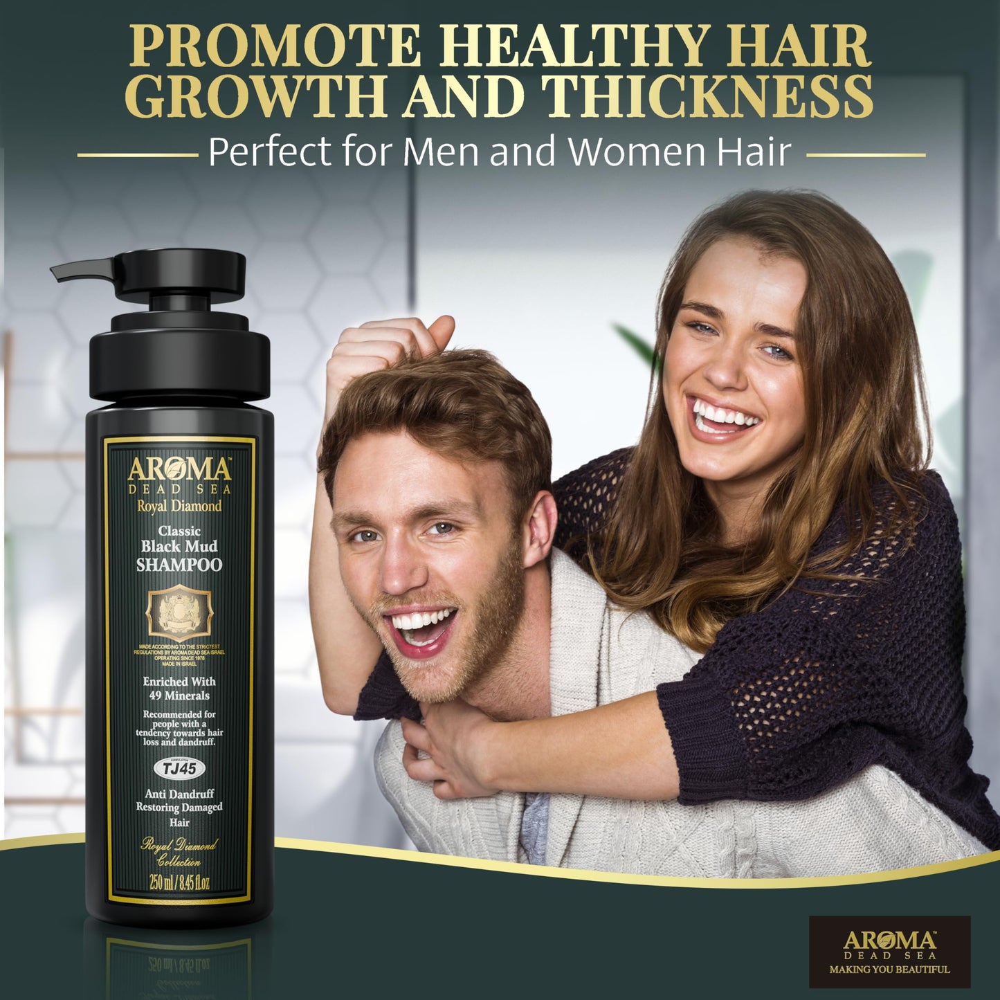 AROMA DEAD SEA Black Mud Shampoo - Fights Dandruff, Thinning Hair, Weak Roots & Itchy Scalp. Prevents Hair Loss & Encourages Growth. Ideal for Damaged Hair (8.45 fl.oz)