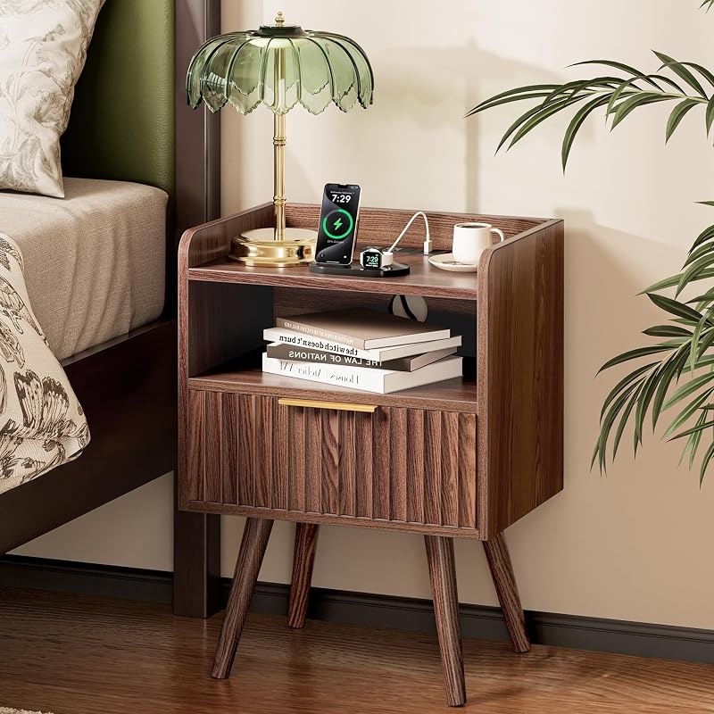 Huuger Walnut Nightstand with Charging Station - USB-C, USB-A & 2 AC Outlets (Variation: Walnut+1)