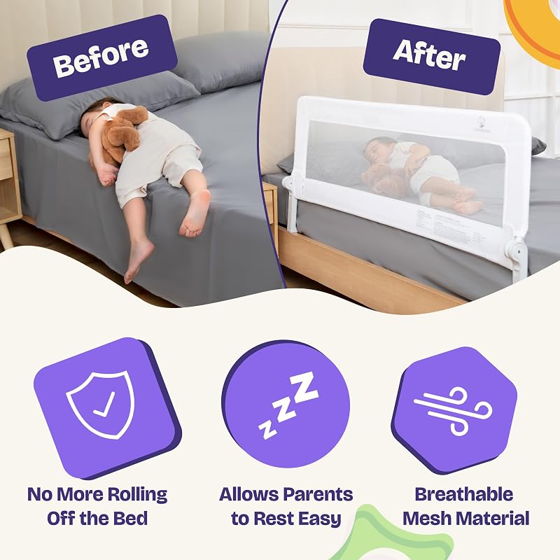 ComfyBumpy 55.5" Bed Rail for Toddlers, Swing-Down Guard for Twin–King Mattresses, White, 1-Pack