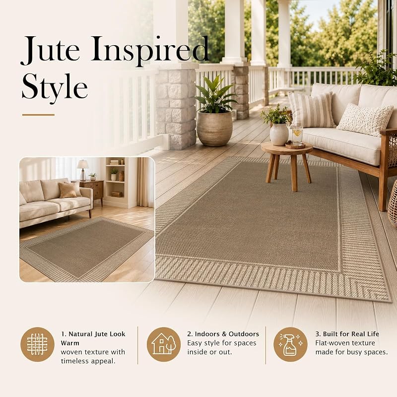 Brown 5' x 7' Jute-Inspired Indoor/Outdoor Rug - Striped Border, Non-Slip Backing