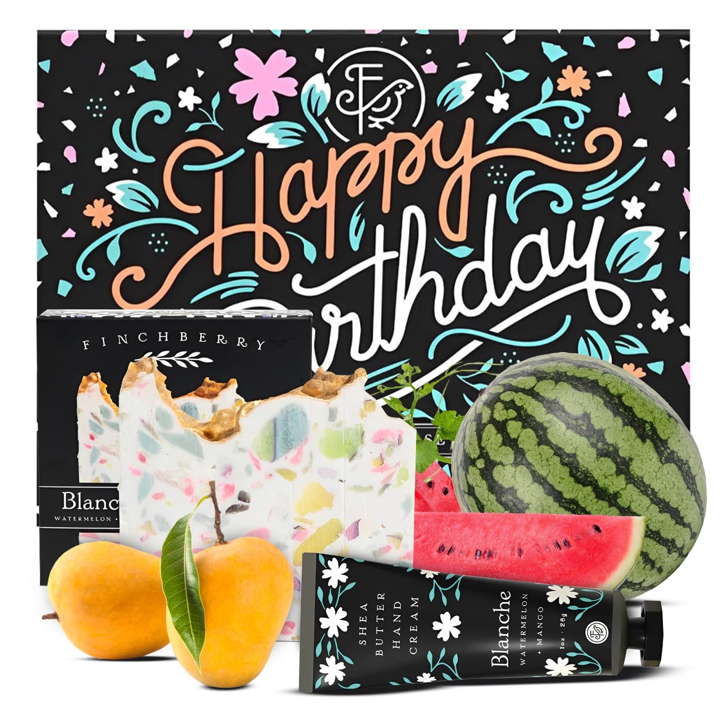 FinchBerry Happy Birthday 2 Piece Gift Set - Unique Birthday Gifts for Women: Mom, Sister, Wife, Girlfriend, Daughter, Friends & Family- Includes Blanche Bar Soap (4.5 oz) & Travel Hand Cream (1 oz)