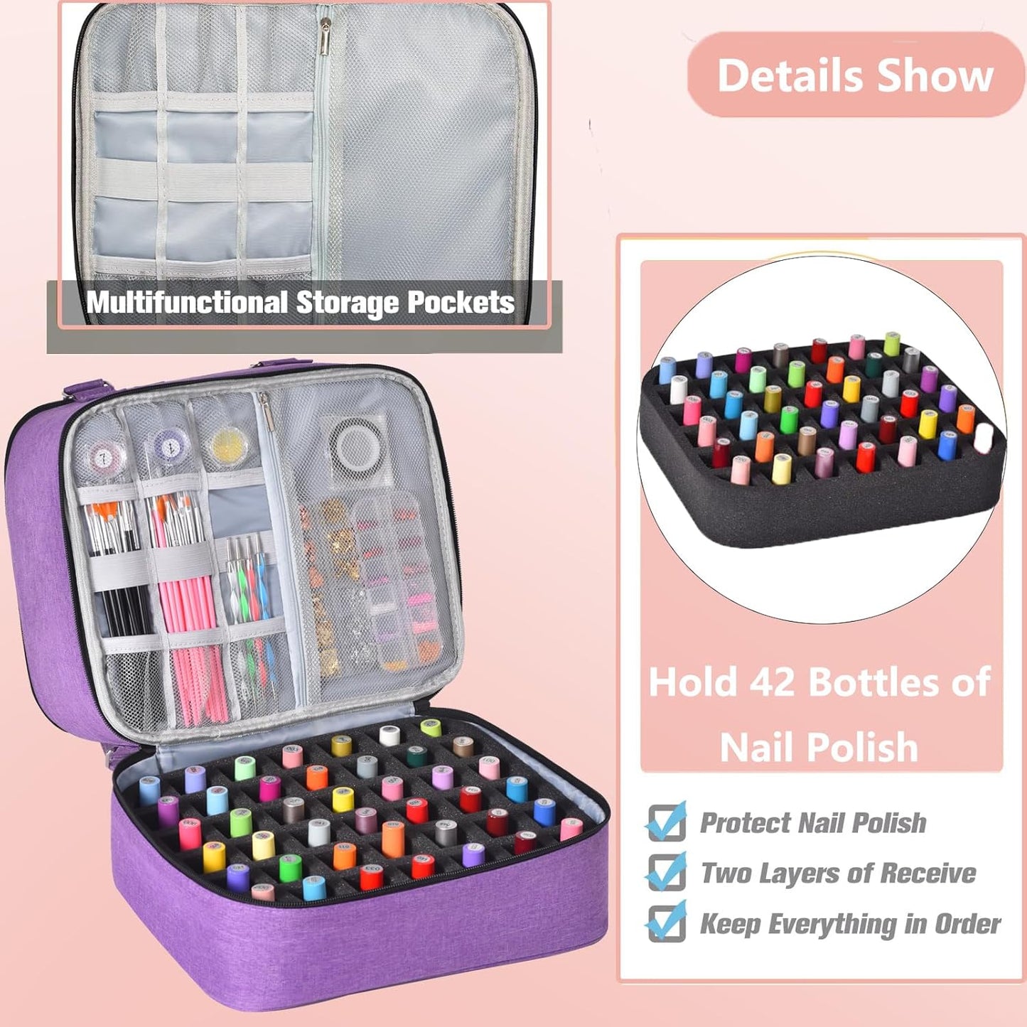 Nail Polish Organizer Bag with Travel Case for 30+ Bottles & Nail Lamp - Purple