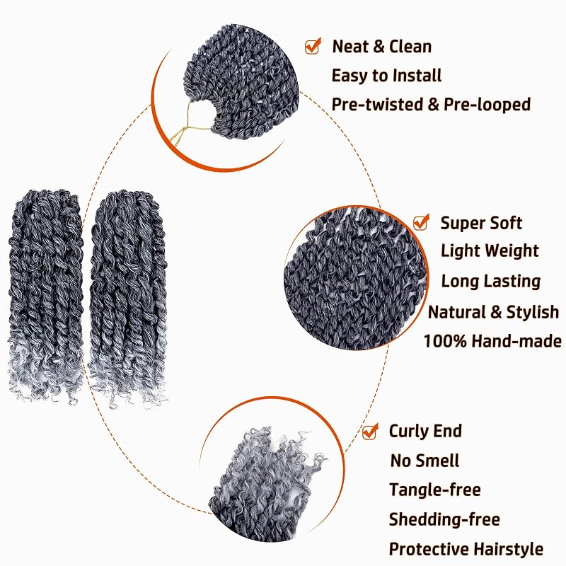 Pre-twisted Passion Twist Hair 10 Inch - 8 Pack, 1B/Gray, Crochet Braids, Pre-looped