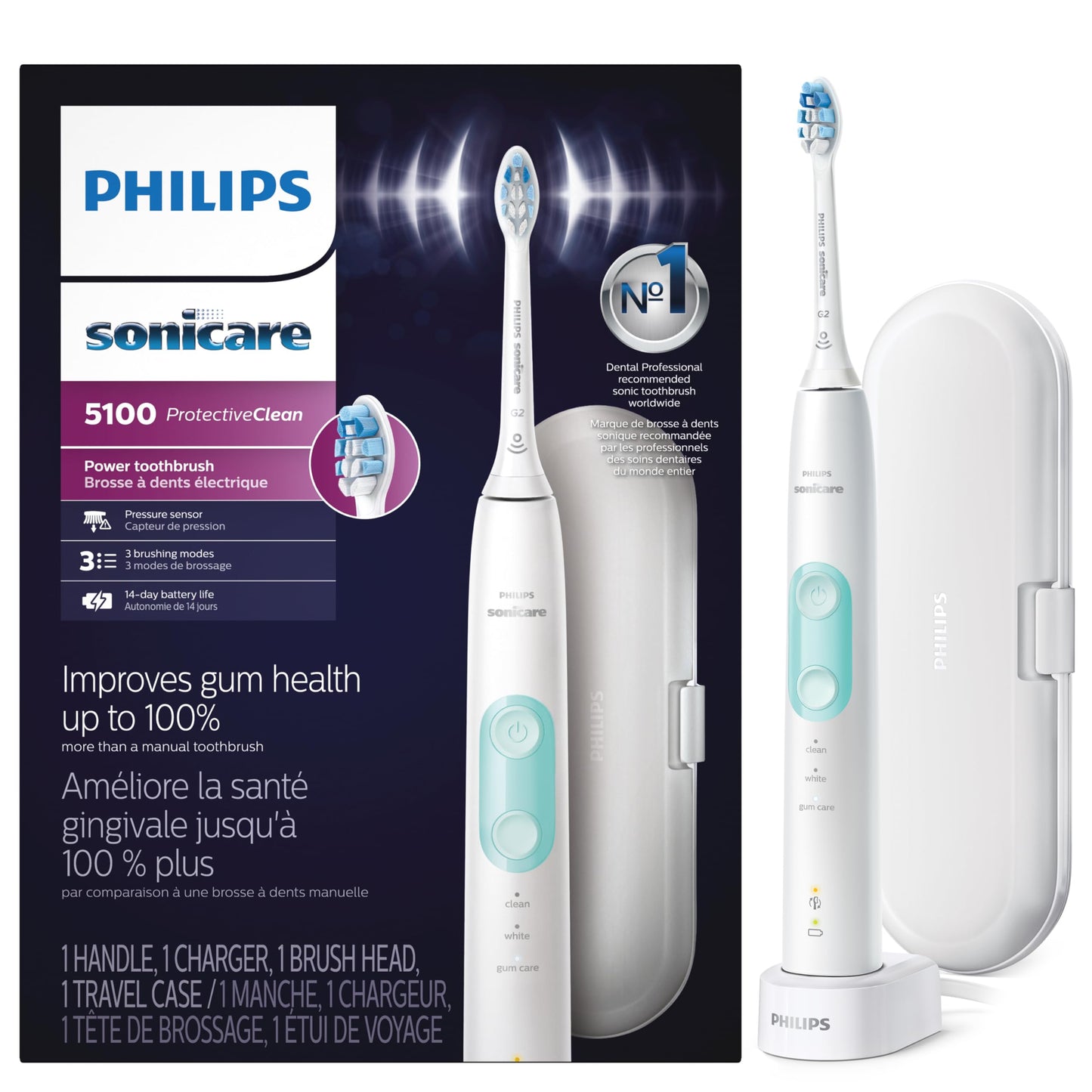 Philips Sonicare ProtectiveClean 5100 Rechargeable Electric Toothbrush, with Pressure Sensor, 3 Cleaning Modes, SmarTimer and QuadPacer, 14-Day Battery Life, Travel Case, White, Model HX6857/11