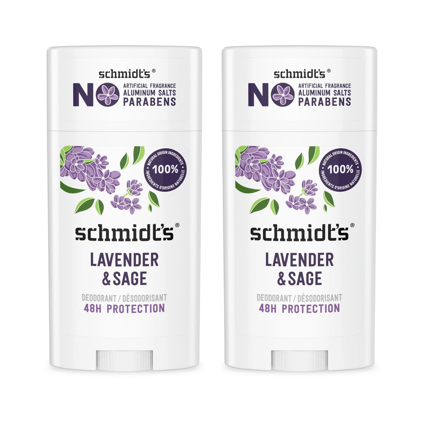 Schmidt's Aluminum-Free Vegan Deodorant Lavender & Sage with 24 Hour Odor Protection, 2 Count for Women and Men, Natural Ingredients, Cruelty-Free, 2.65 oz