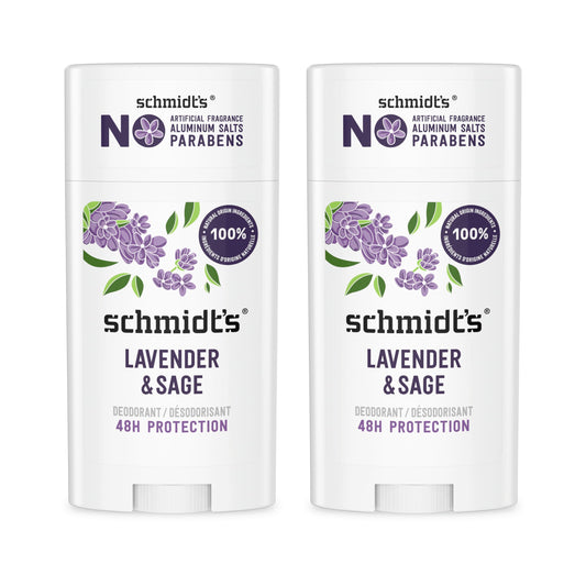 Schmidt's Aluminum-Free Vegan Deodorant Lavender & Sage with 24 Hour Odor Protection, 2 Count for Women and Men, Natural Ingredients, Cruelty-Free, 2.65 oz