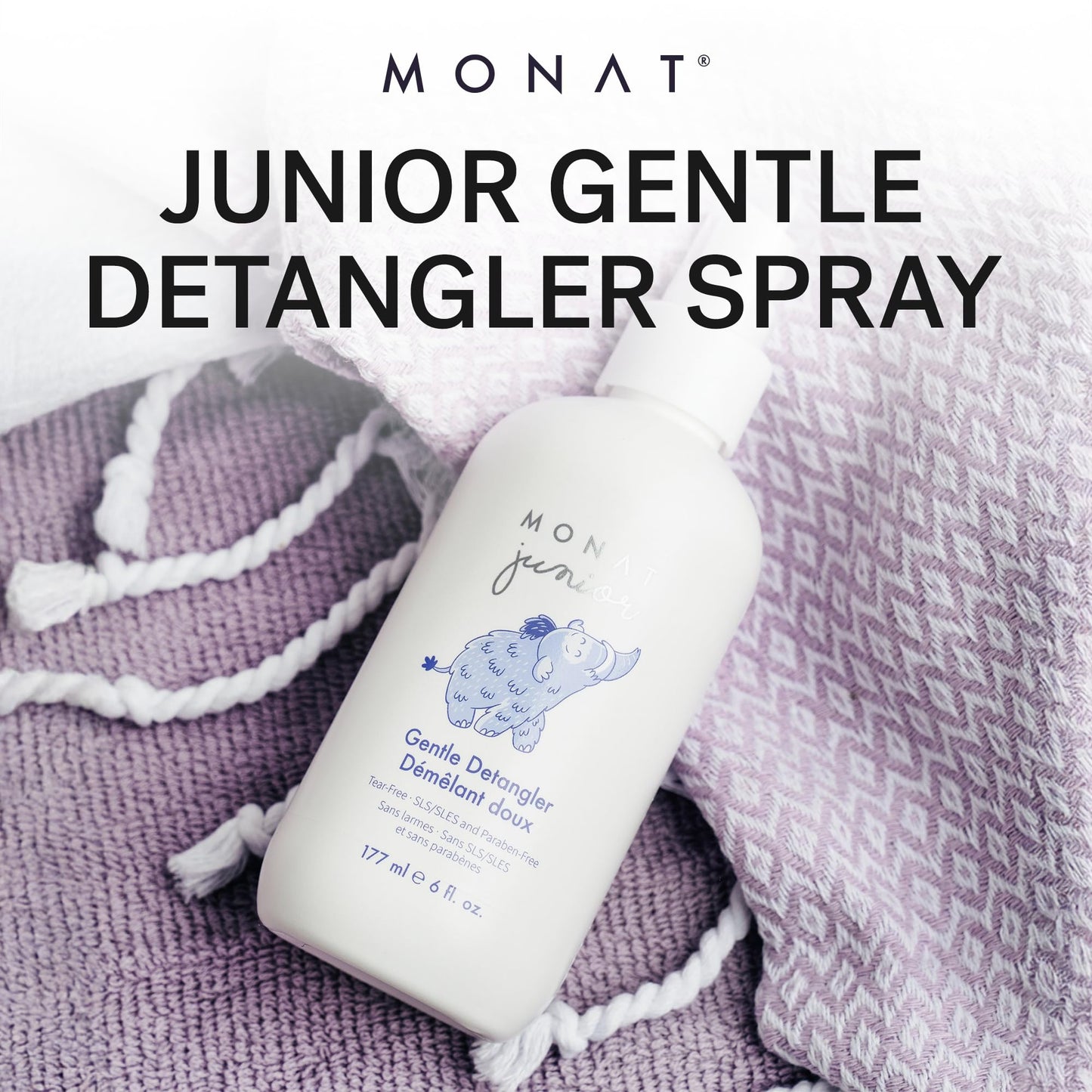 MONAT Junior™ Gentle Detangler - Safe and tear free Hair Detangler Spray for children. All Natural Tear-free, Sulfate & Paraben-free- Net Wt. 177 ml e / 6 fl. Oz.