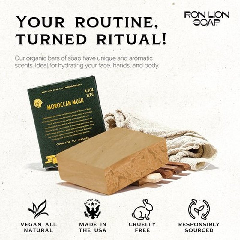 Iron Lion Soap - Moroccan musk Organic Soap Bar - Made in USA - All Natural Bath Soaps for All Skin Types - Plant Based, Cold Process and Handmade - (3 Pack)