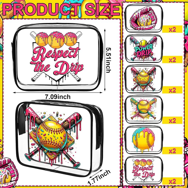 Softball Ice Cream Drip Makeup Bags (12 Pcs) - PVC Clear Cosmetic Bags with Zipper, 7.09 x 5.51 x 1.77 in - Variation: Softball