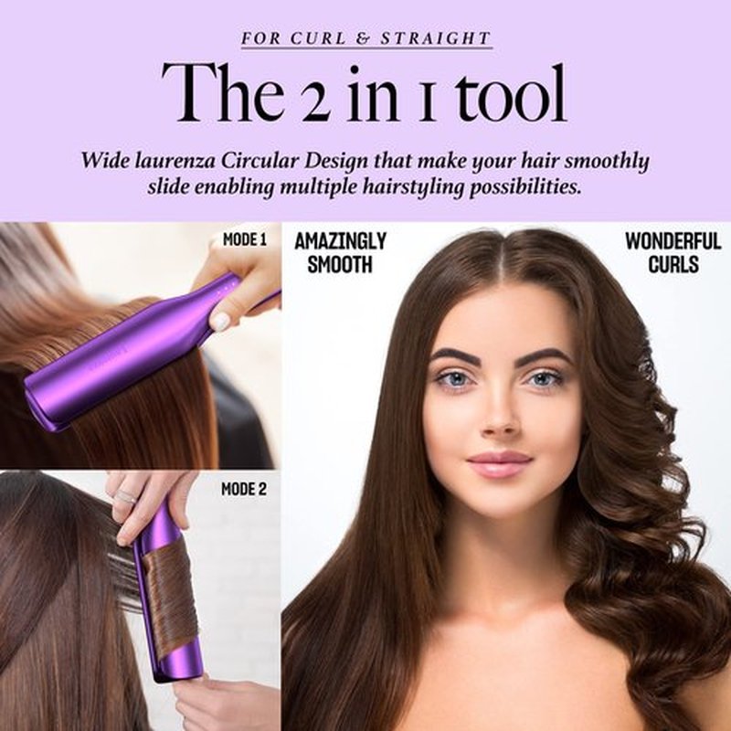 Laurenza 2-in-1 Hair Straightener & Curler, 8.5" Extra-Large Ceramic Iron with 20M Anions (Purple)