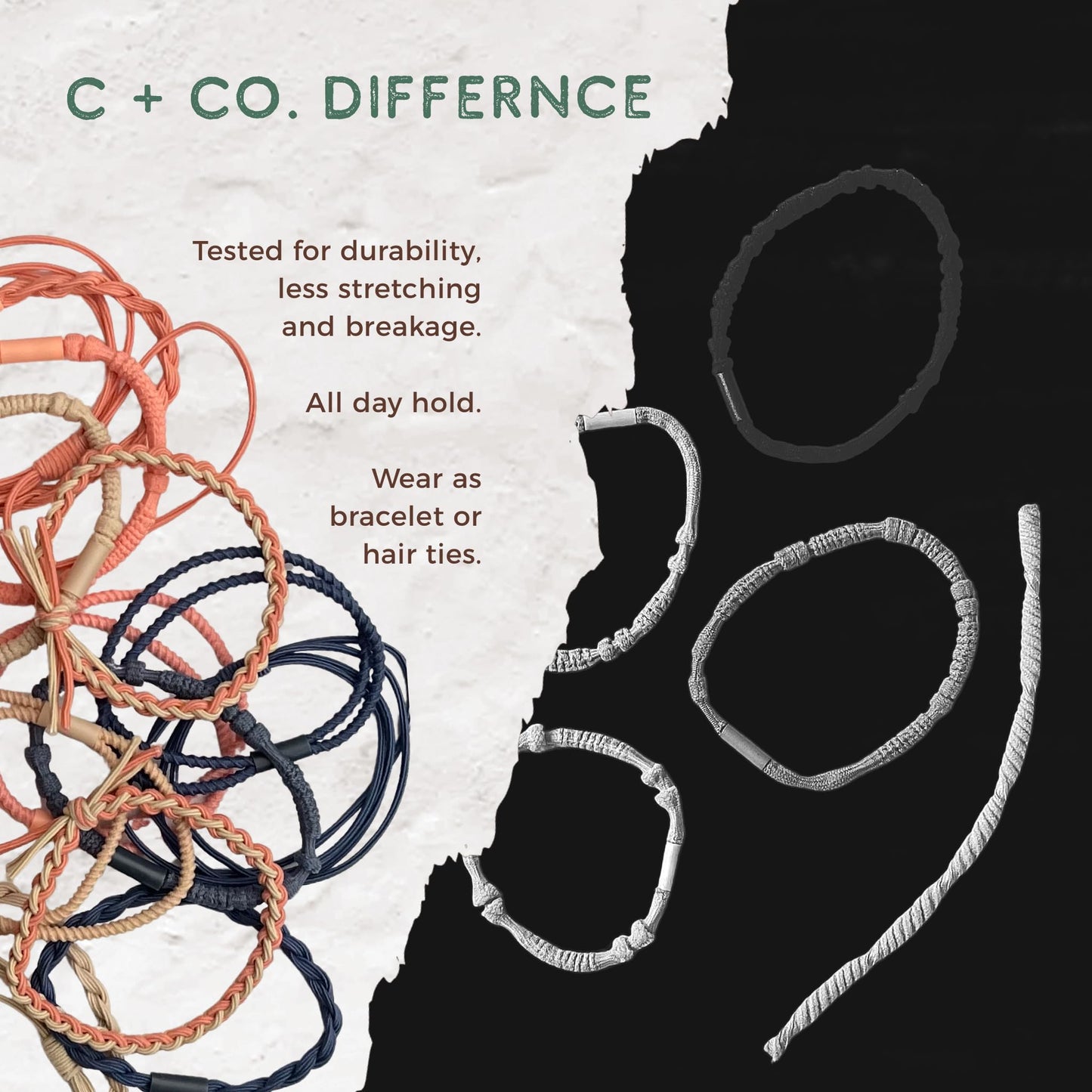 Coiffed + Co. Stacked Bracelet Hair Ties (Color: Linen, Peach, Navy) 14 Count, Hair Ties for Women, No Damage Hair Elastics, Hair Bands, Ponytail Holders, Ties for Thick and Thin Hair, Holiday Gift