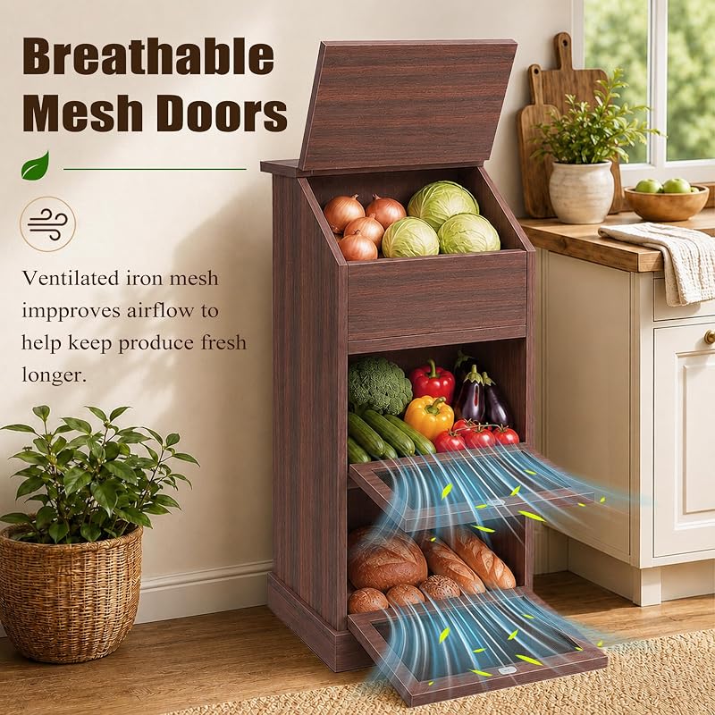 Verssure Walnut 3-Tier Wooden Produce Storage Cabinet with Lid - Fresh Produce Organizer