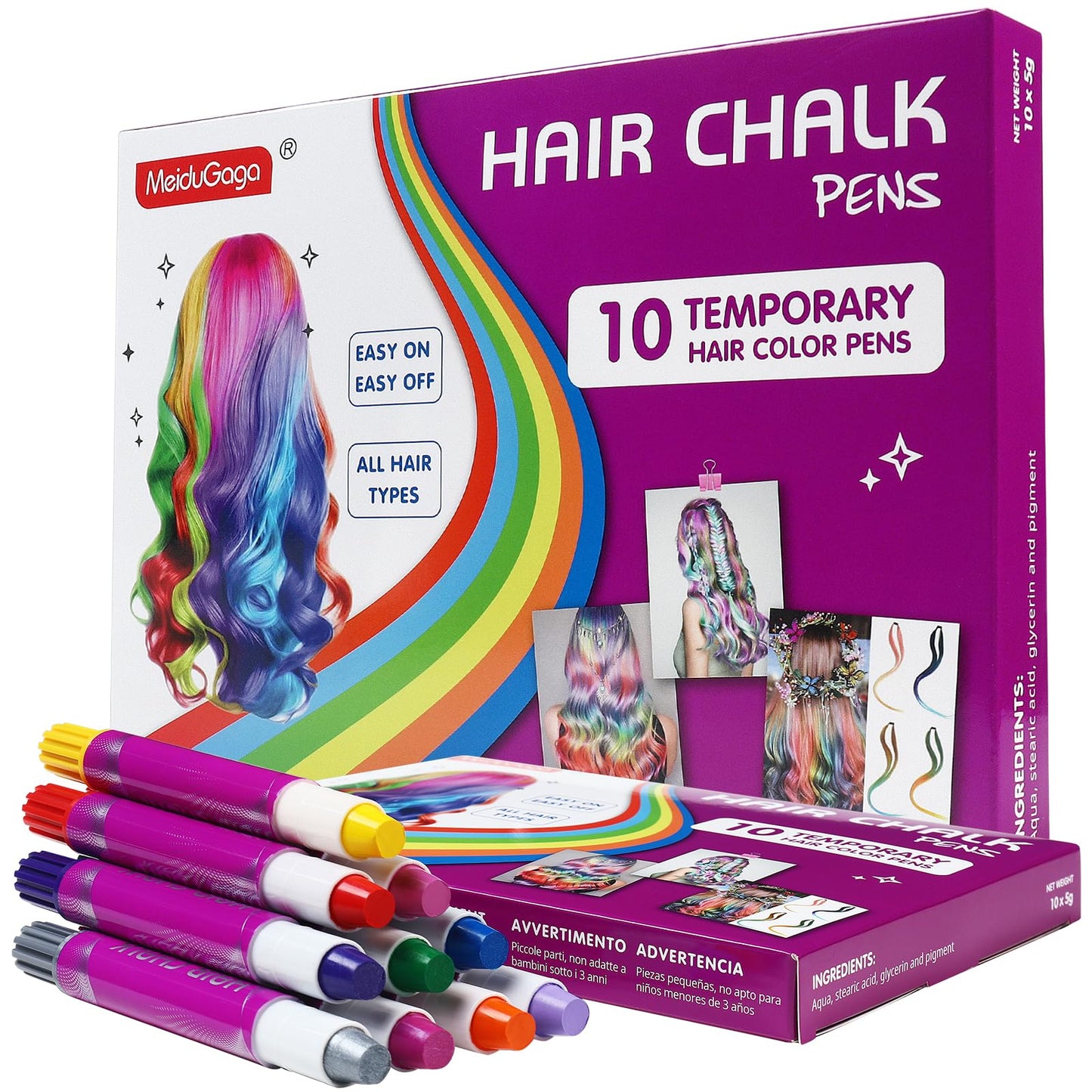 MeiduGaga Hair Chalk for Girls Makeup Kit, 10 Temporary Color Washable Gift Great for Kids Age 5 6 7 8 9 10-13 Years Old, Birthday Christmas Cosplay Hair DIY Party