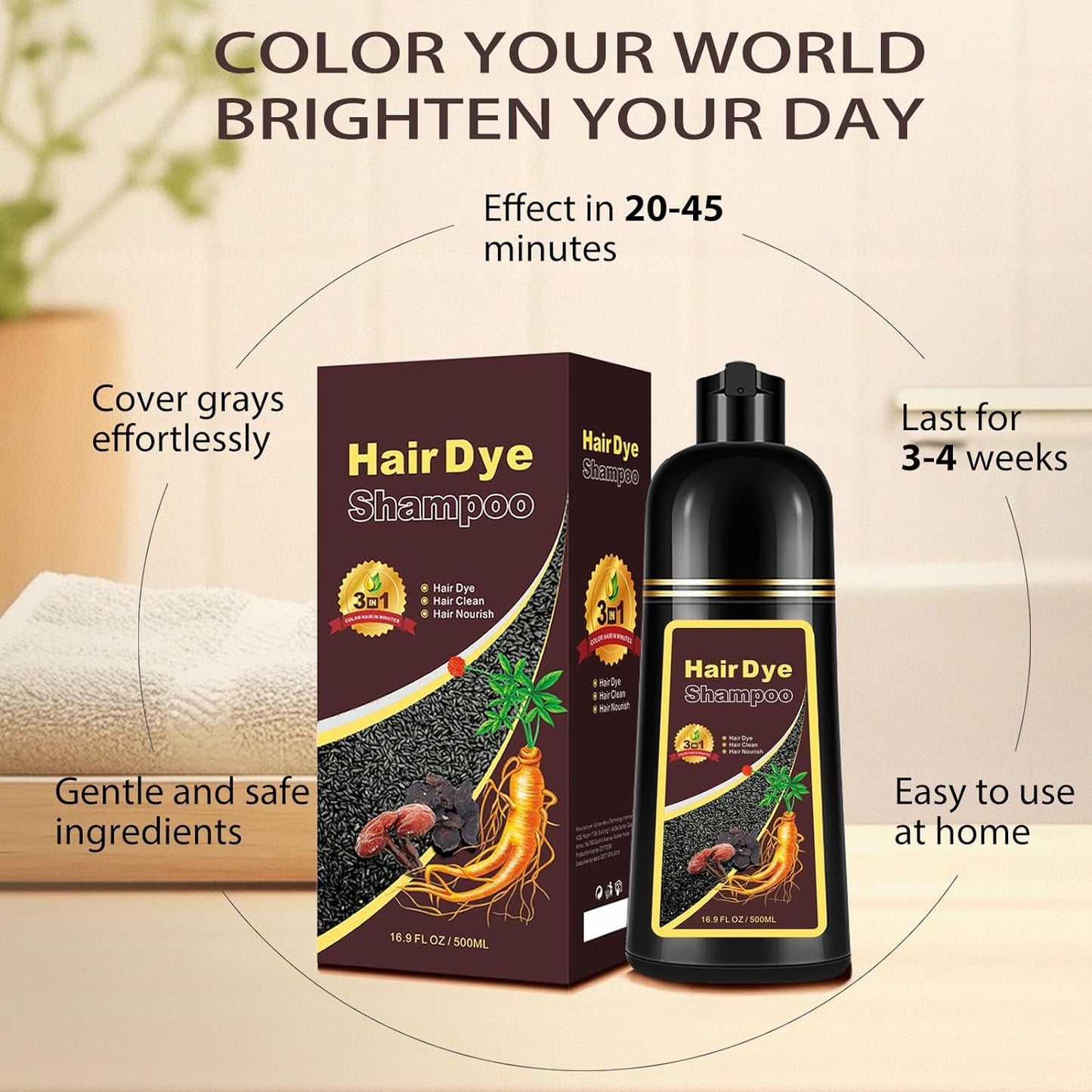 Natural Dark Coffee Hair Dye Shampoo 3-in-1 for Long-Lasting Gray Coverage - 16.9 Fl Oz
