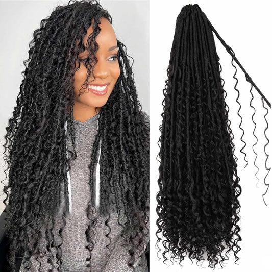 Boho Faux Locs Crochet Hair 24 Inch 8 Packs Soft Locs Curly Ends Bohemian Goddess Locs Crochet Hair for Black Women (1B, 24 Inch(pack of 8))
