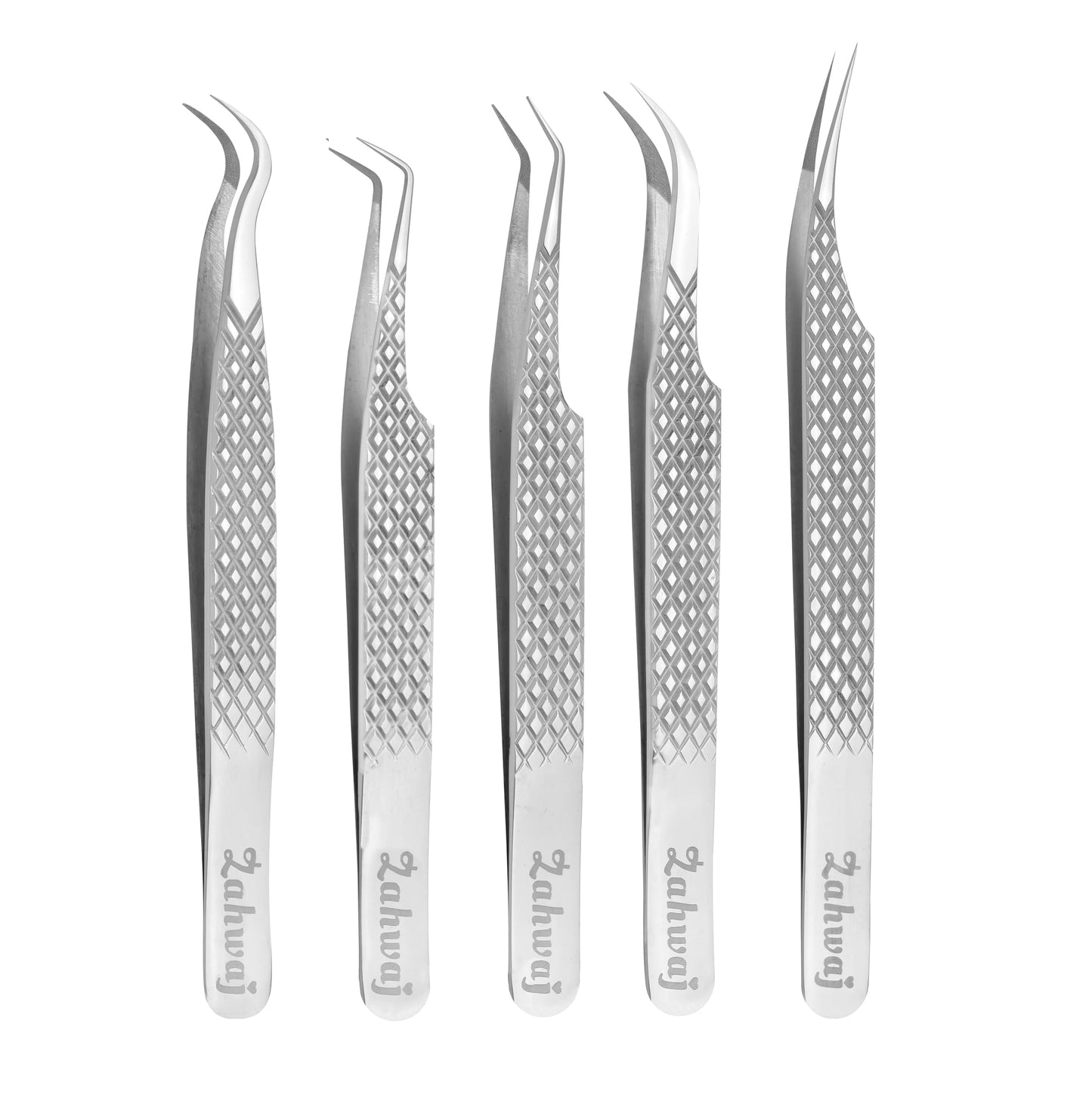 ZAHWAJ Fiber Tip Lash Tweezers - Set of 5 Diamond Grip Eyelash Extension Tweezers, Japanese Stainless Steel Tweezers Set for Volume, Isolation & Classic Lashes (Silver)