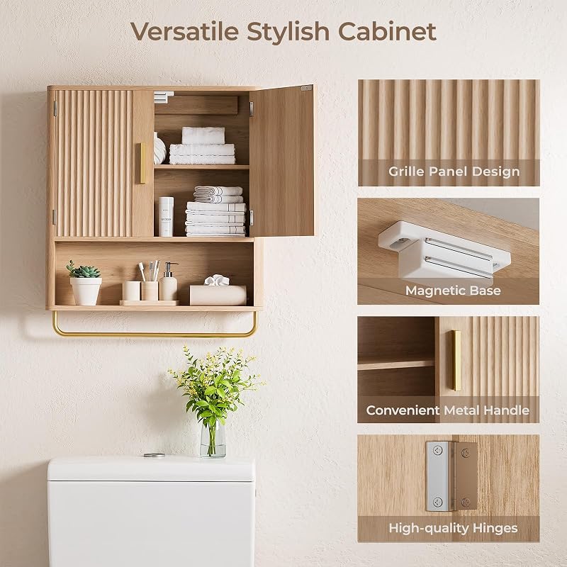Natural Wood Bathroom Wall Cabinet with Fluted Door, 5-Level Adjustable Shelf