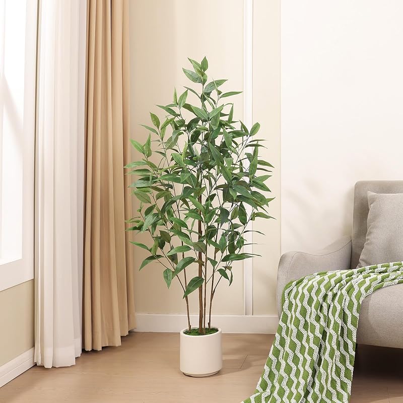 4Ft Artificial Eucalyptus Plant with White Planter - Multi-Trunk Fake Tree