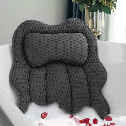 Joeyset Bath Pillow for Tub, 4D Air Mesh Breathable Fabric, Soft Supportive Bathtub Cushion for Head Neck Back, Ergonomic Spa Pillow with Strong Suction Cups, Quick-Drying, Machine Washable (Gray)