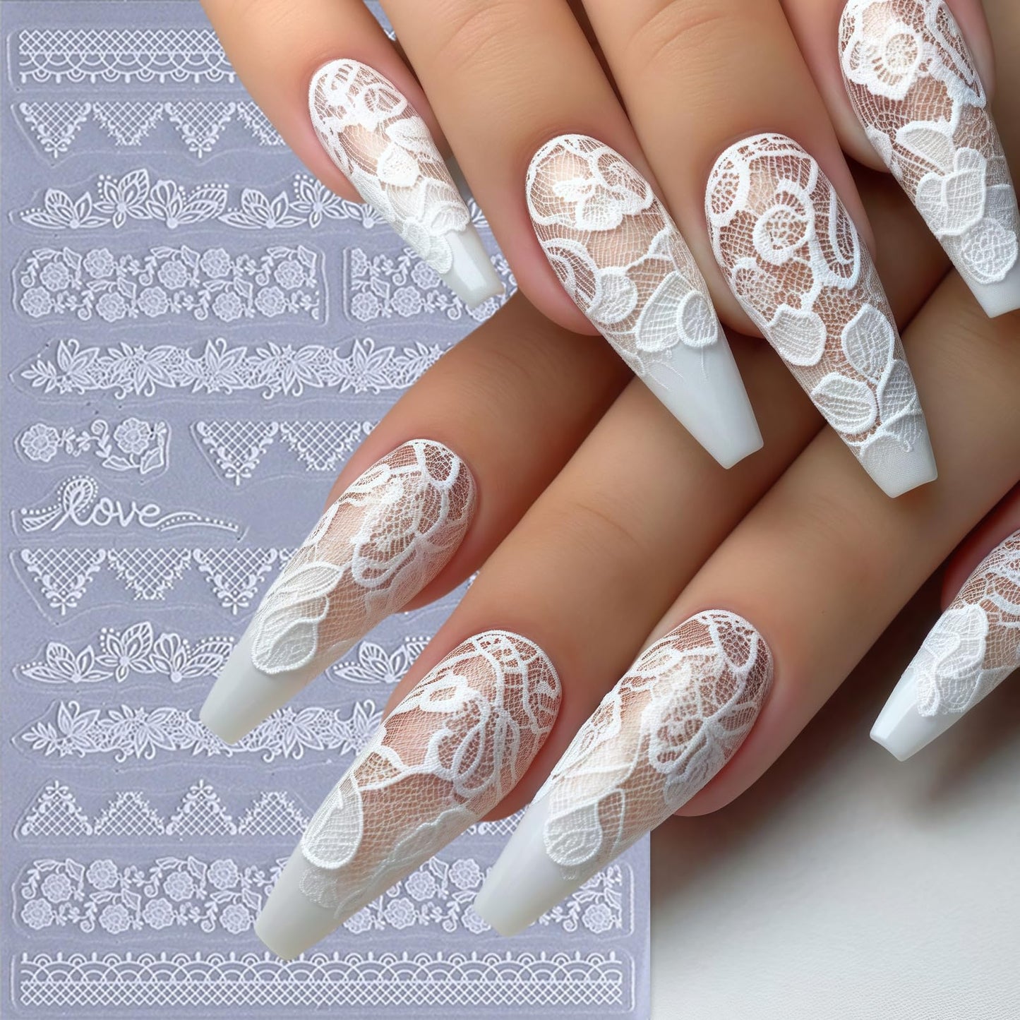 4 Sheets Lace Nail Art Stickers Black Flower Lace Nail Decals Self Adhesive 5D Micro Embossed Lace Flower French Tips Nail Designs Pegatinas Uñas Nail Supplies for Women DIY Acrylic Nails Decoration