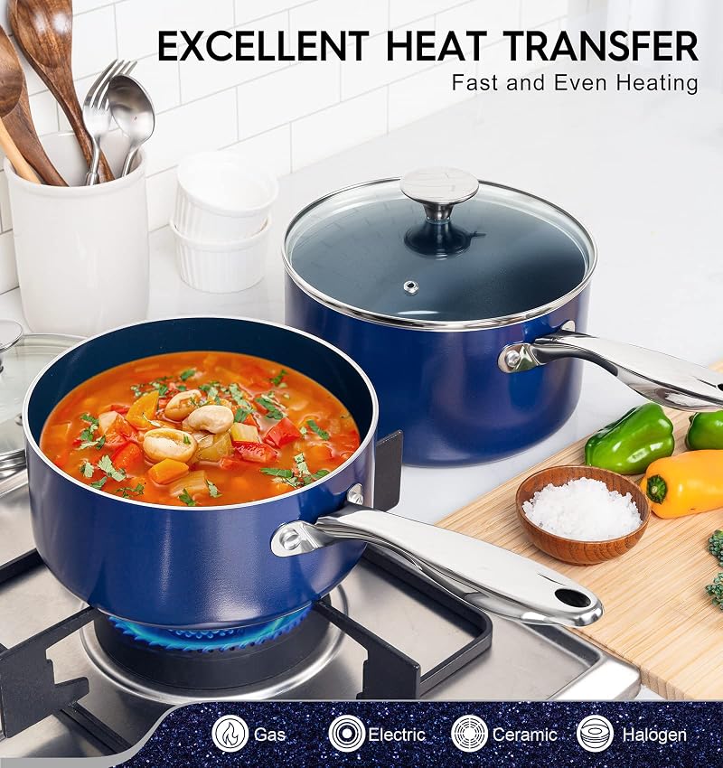 Ceramic Nonstick Sauce Pan Set 1 Qt + 2 Qt + 3 Qt with Lids - Blue