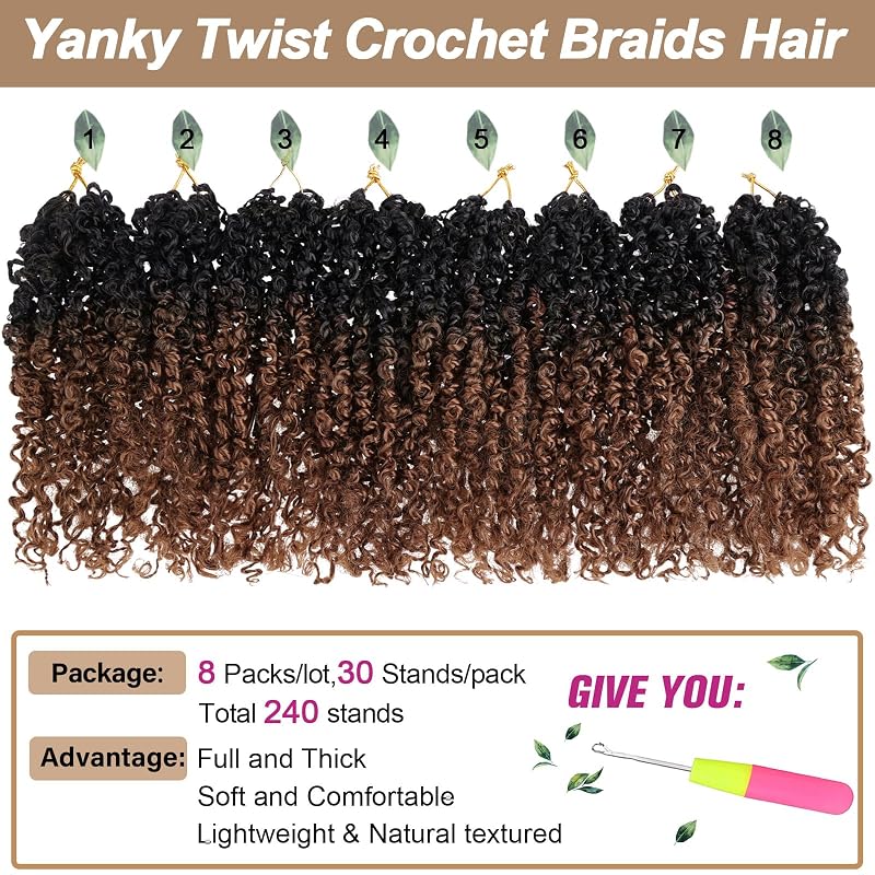 COOKOO 10 Inch Ombre Yanky Twist Crochet Hair - 1B/30#, 8 Packs (Variation: 1B/30#+10 Inch)