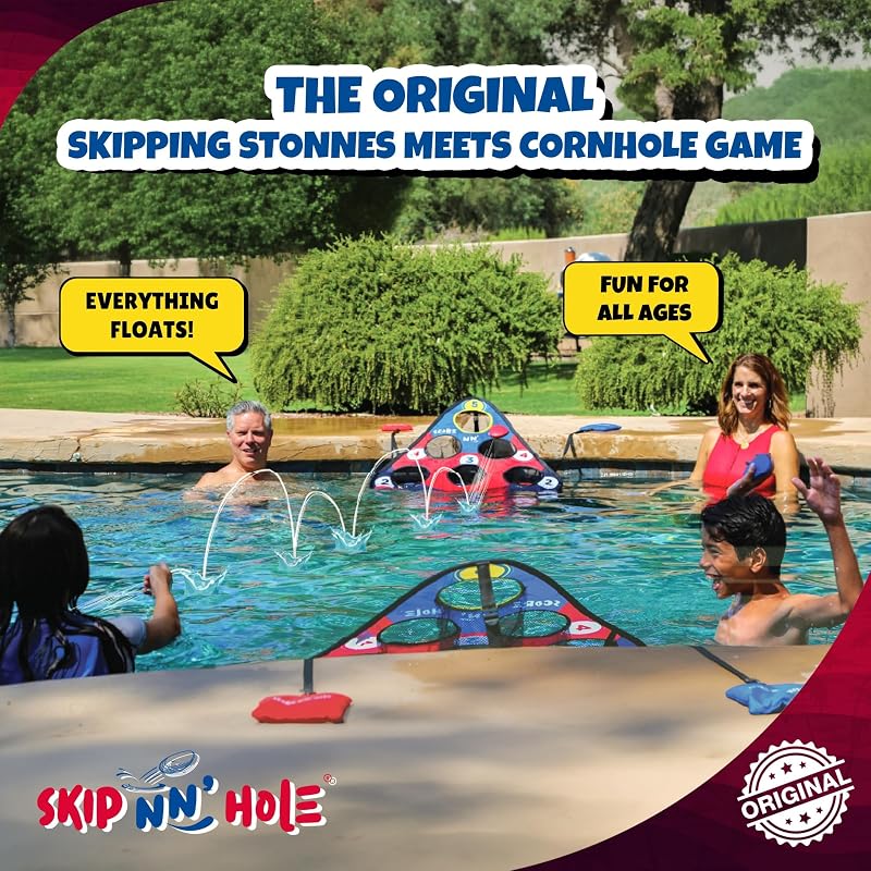 Skip N' Hole Floating Pool Cornhole Game Set (2 Targets) – Waterproof Stonne Skipping Toy