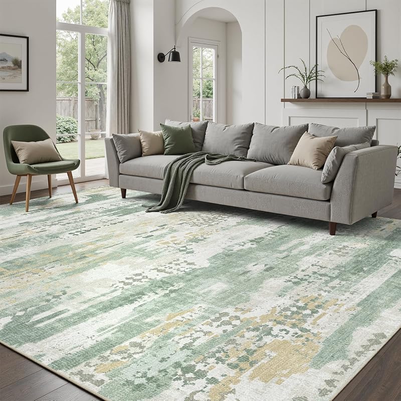 DCX Washable Abstract Area Rug 8x10 - Non-Slip, Sage Green, 1/4" Pile — Variation: Green & White+8' x 10' (Rectangular)