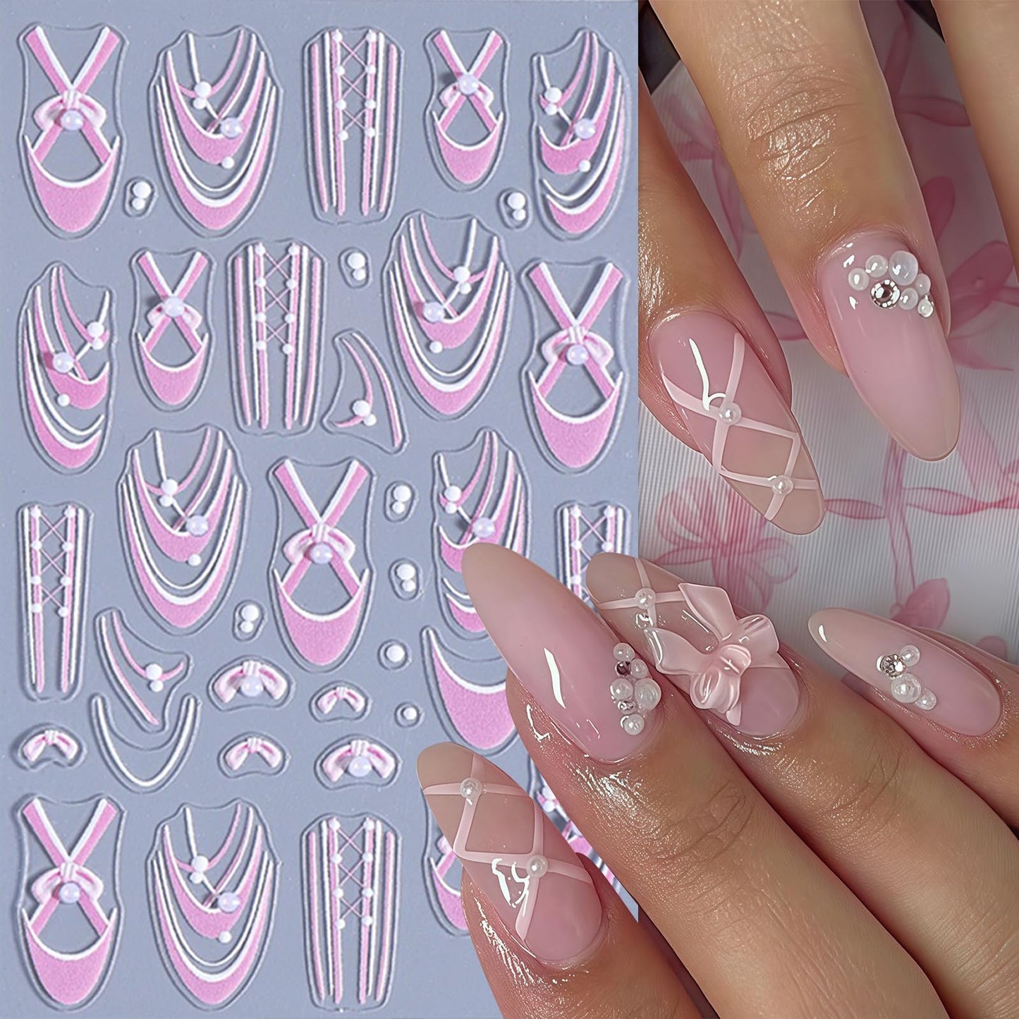 4Pcs Colorful Bow Lace Nail Art Stickers 5D Embossed Pearl Nail Decals Nail Stickers for Nail Art French Romantic Bow French Line Nail Design Nails Accessories Pearl Stripes Nails Supplies for Women