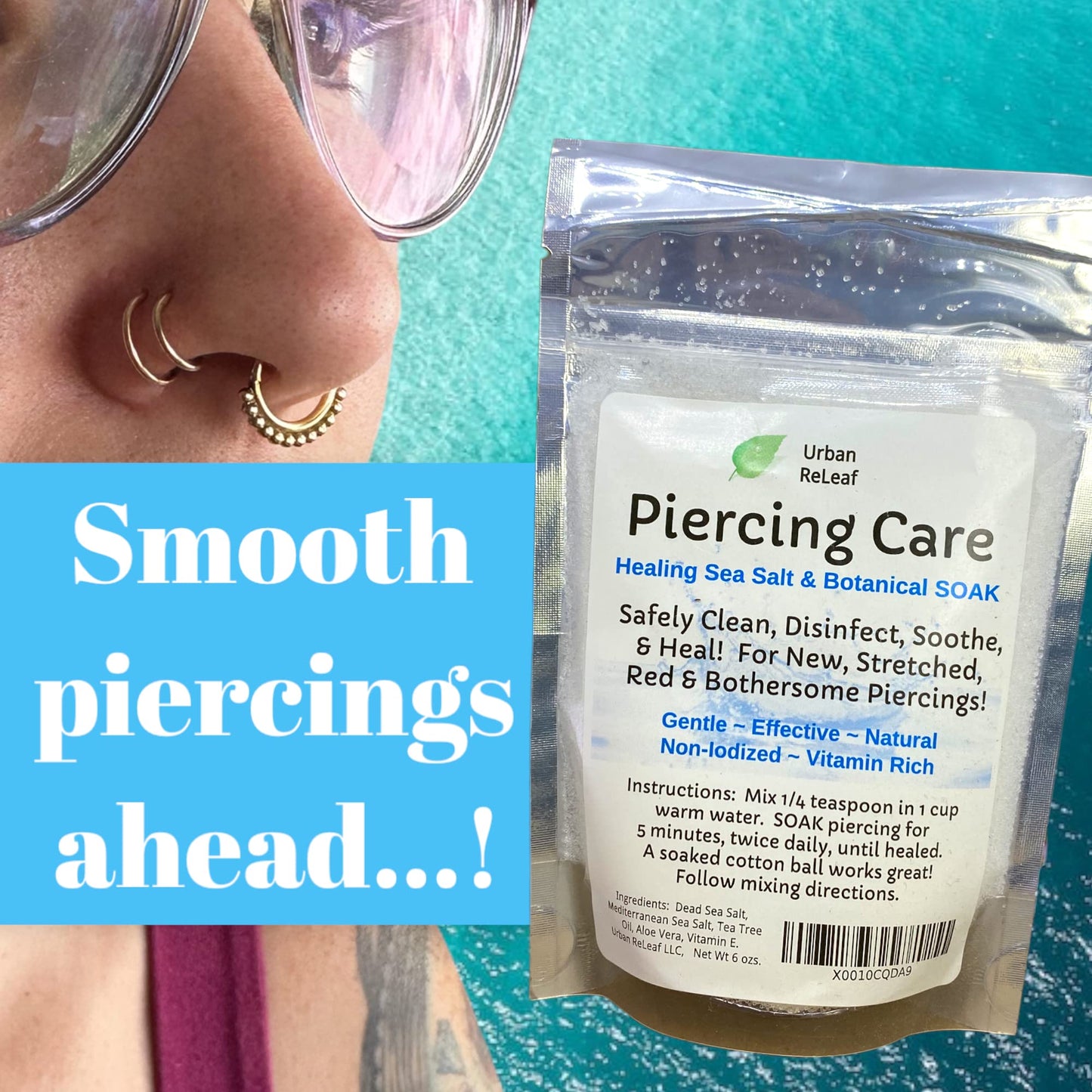 Urban ReLeaf Piercing Care 6 oz. Bag, Soothing Sea Salt & Botanical SOAK. Aftercare Solution Concentrate, Makes 90 Cups.