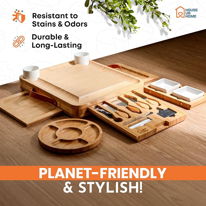 Bamboo Charcuterie Board Gift Set with Hidden Drawers, Knives & Bowls – Large Cheese Board for Entertaining
