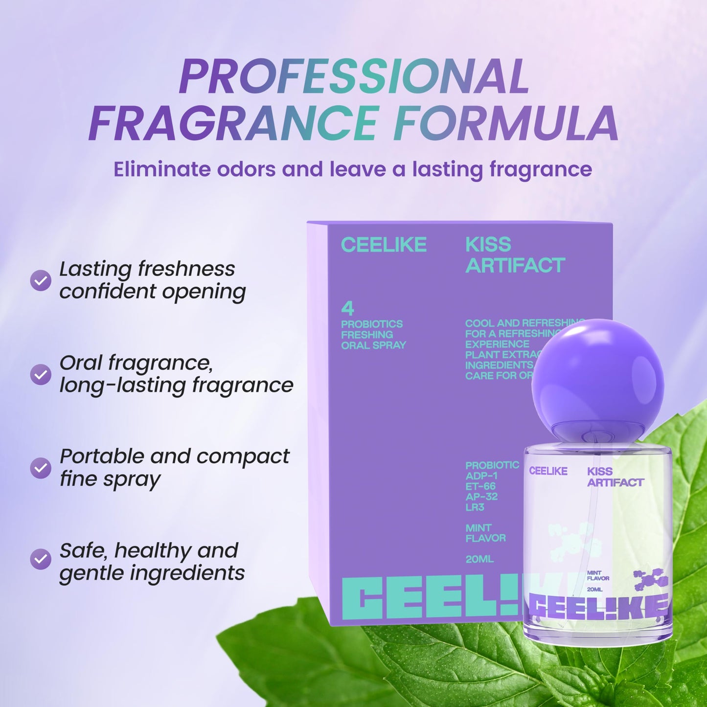 CEELIKE Probiotic Oral Spray for Long-Lasting Freshness, Alcohol-Free Oral Spray with Probiotics for Breath Care, Convenient Travel-Sized Breath Spray(0.68oz) (20ml) (2PC)