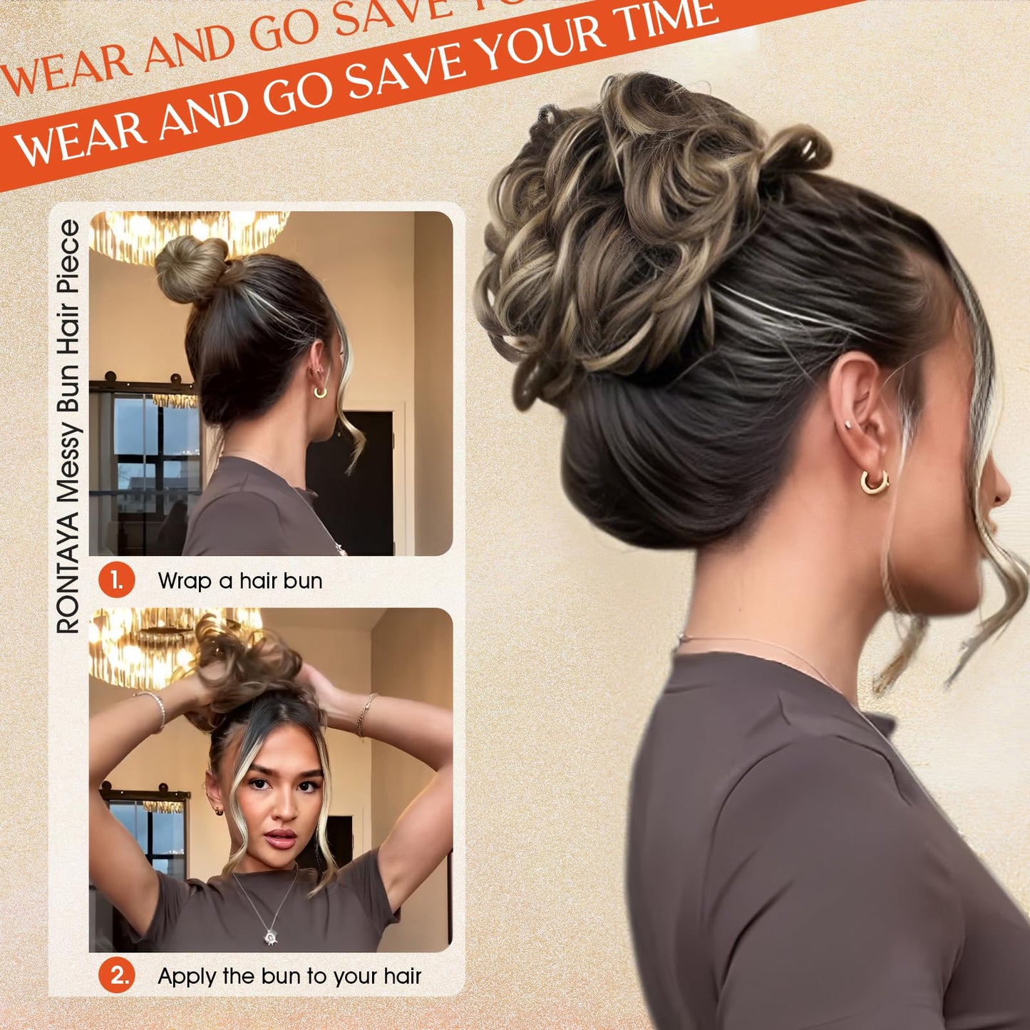 RONTAYA 2PCS Messy Bun Hair Piece Wavy Curly Scrunchies Synthetic Chignon Ponytail Hair Extensions Updo Hairpieces for Women Dark Brown/Light Auburn