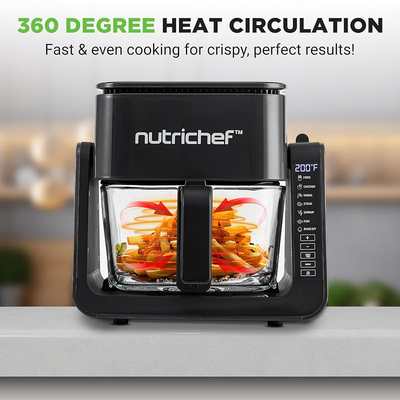 NutriChef 4 Qt Air Fryer & Grill - 1500W, 7-In-1, Double-Decker Glass Pot 4L, Black