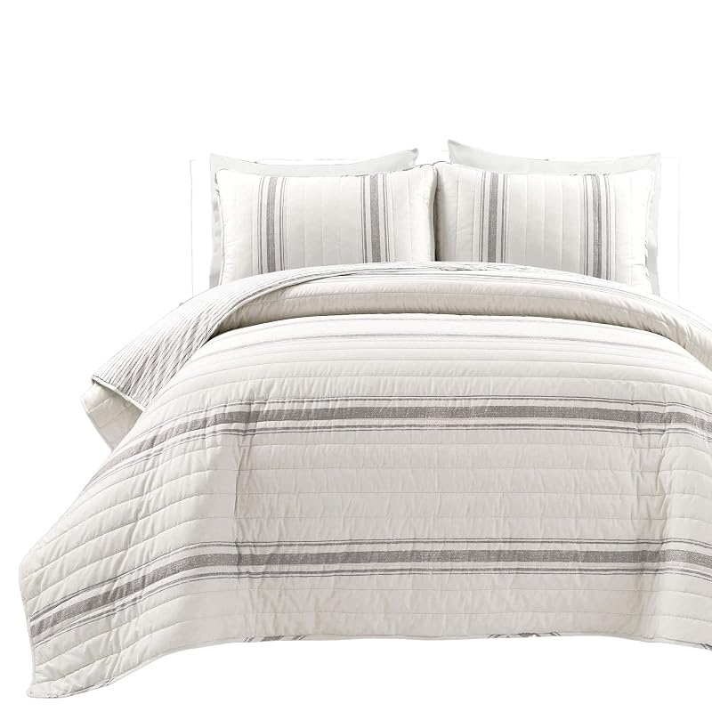 King Size Reversible Cotton Quilt Set - Farmhouse Gray Stripe 3 Piece (Gray + King)