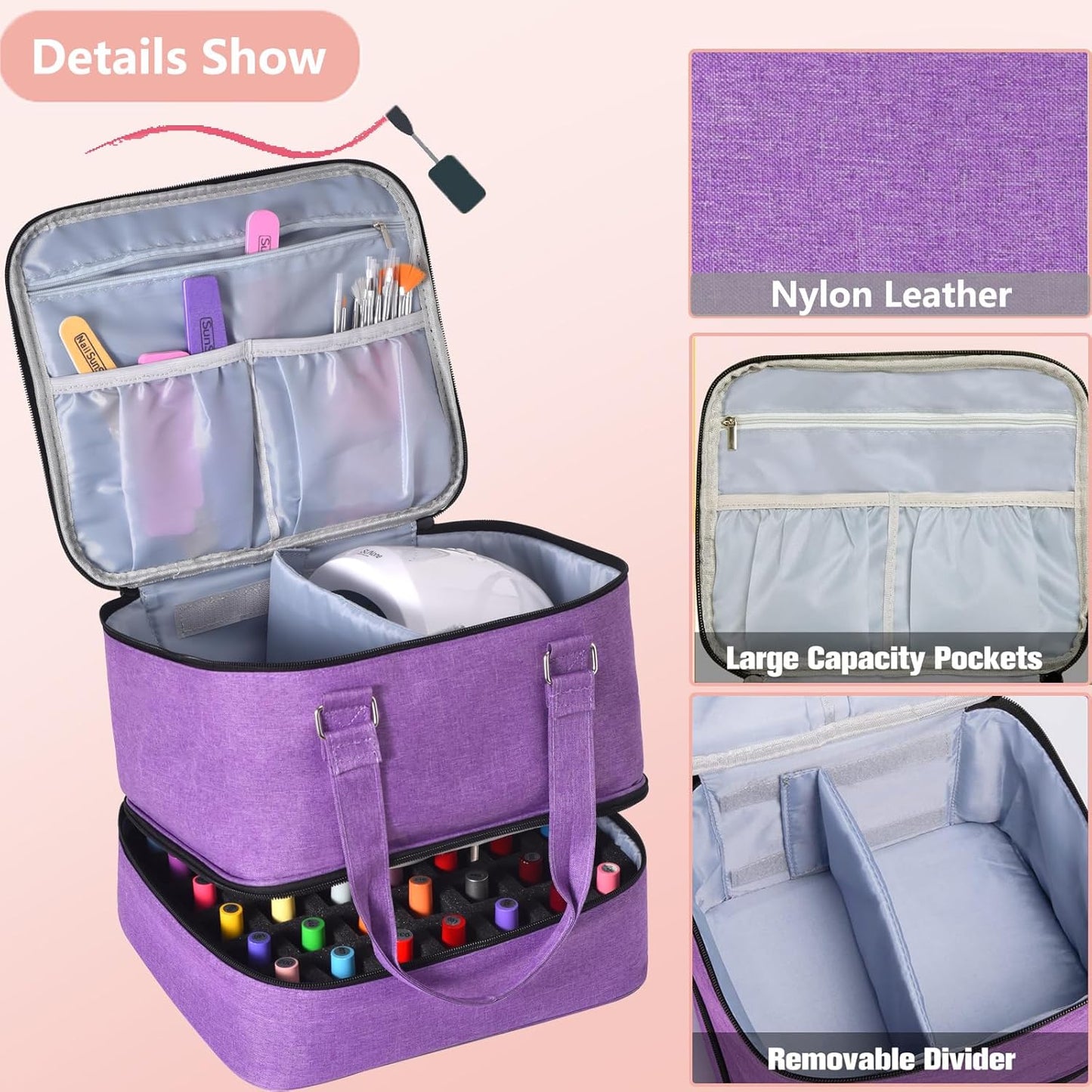 Nail Polish Organizer Bag with Travel Case for 30+ Bottles & Nail Lamp - Purple