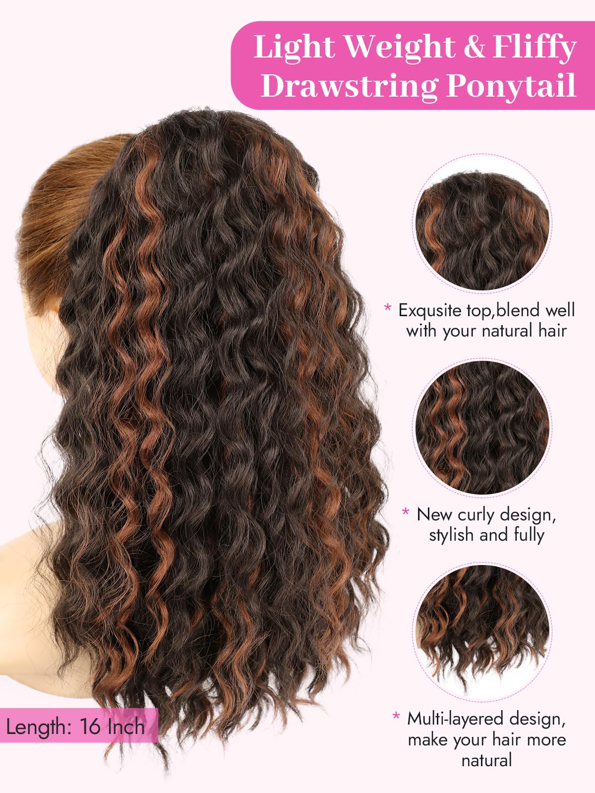 Isaic Ponytail Extension 16 Inch Long Wavy Curly Ponytails Drawstring Ponytail for Black Women Brown With Lighter Brown Highlights Pony Tails Hair Extensions Synthetic Hairpiece for Daily Use
