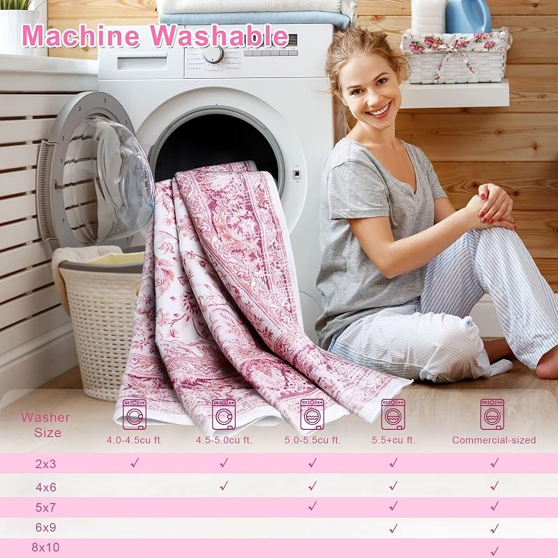 Washable Vintage Area Rug 8x10 - Pink Medallion Distressed Rug with Non-Slip Backing (Variation: Pink & White+8' x 10' Rectangular)