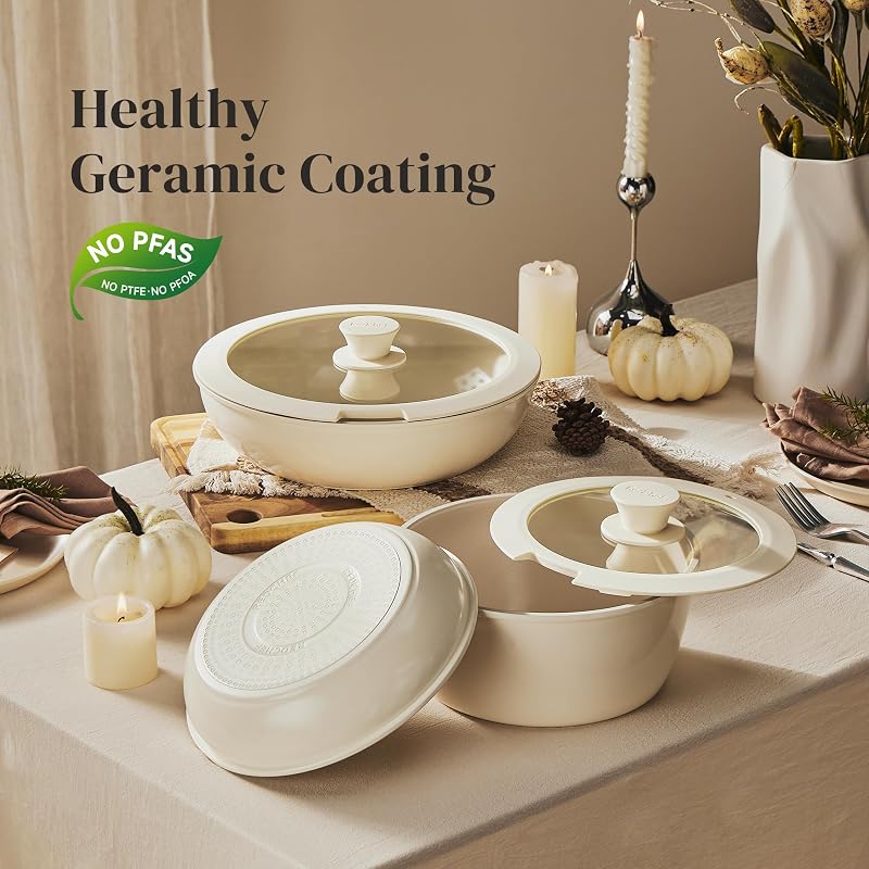 Redchef Ceramic Nonstick Pots & Pans Set with Detachable Handles - 5 Pcs, Beige/White