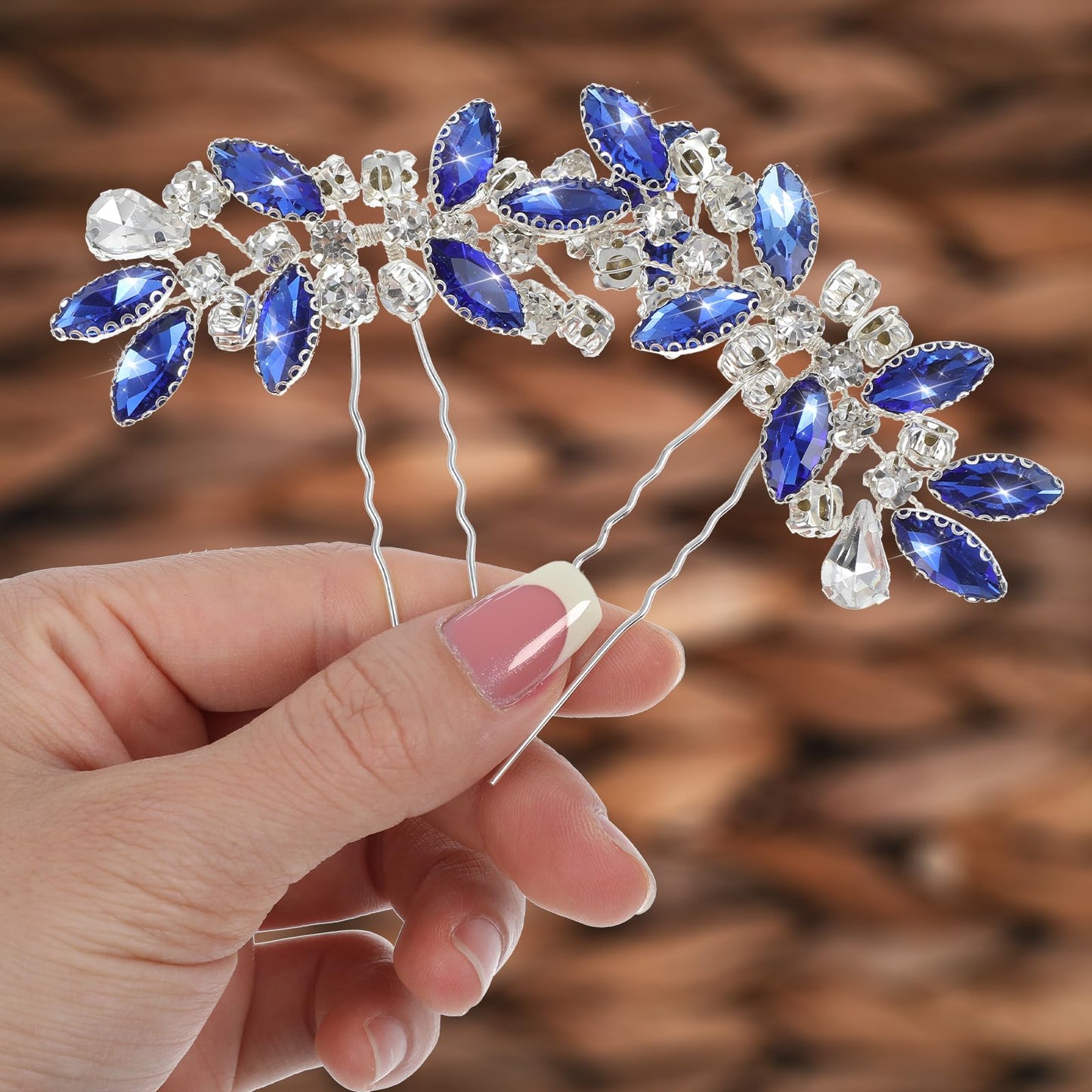 2Pcs Crystal Bridal Hair Pins, Rhinestone Royal Blue Hair Accessories, Decorative Sparkle Wedding Hairs Pins, Blue Silver Hairs Clips for Prom Women Girls Bridesmaids