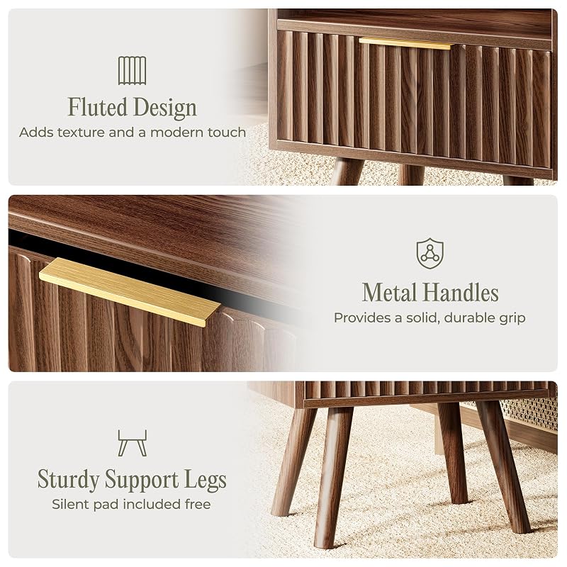 Huuger Walnut Nightstand with Charging Station - USB-C, USB-A & 2 AC Outlets (Variation: Walnut+1)