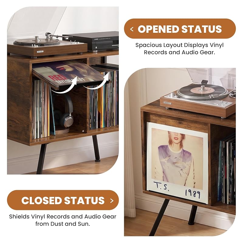 Flip Top Record Player Stand with 150-Album Capacity, Rustic Brown + 2-Tier (Variation)