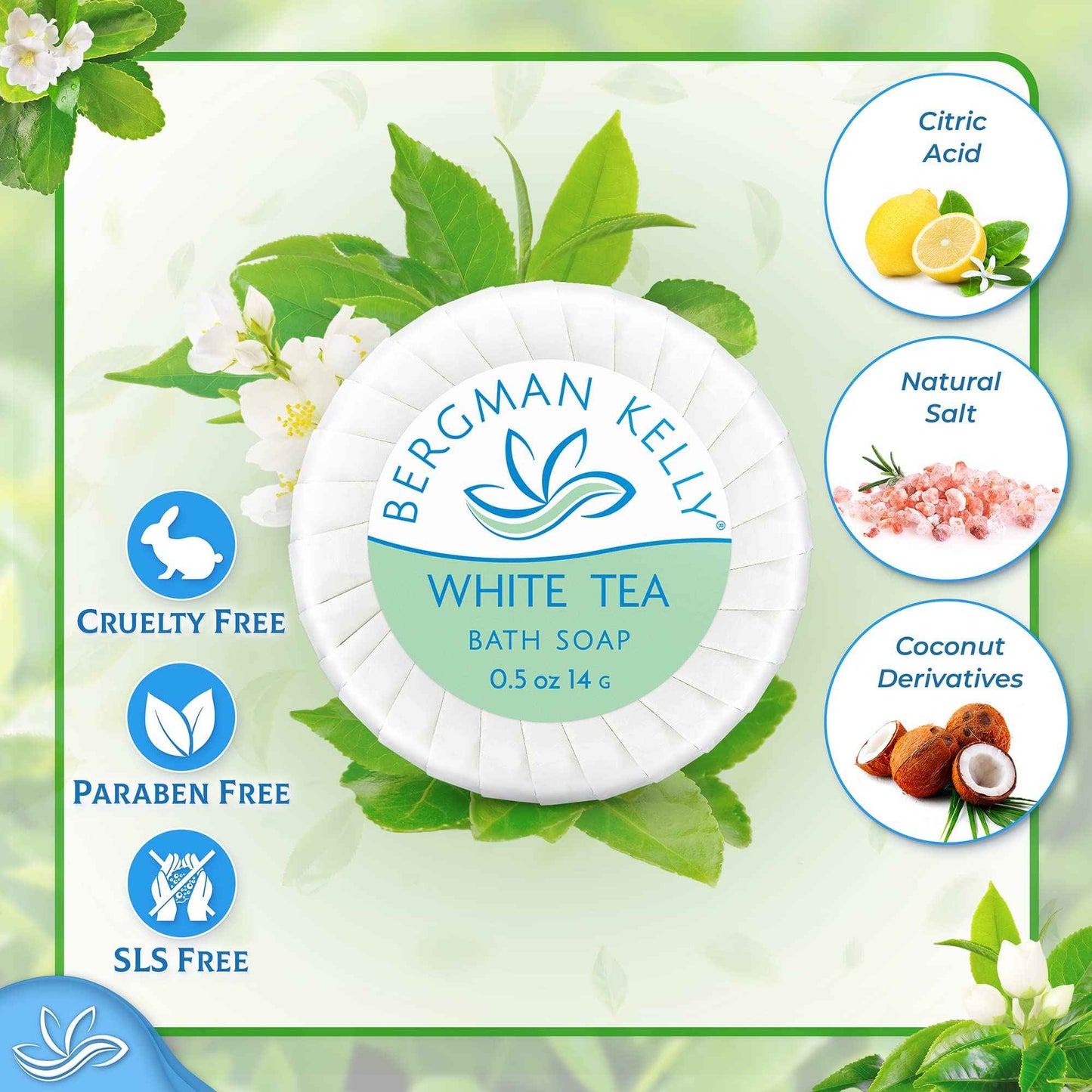 BERGMAN KELLY - Hotel Soap Bars - White Tea, 0.5 oz, 100 PK - Travel Size Luxury Bulk Amenities Bar Soap, Mini Individually Wrapped Round Soap - Small Toiletries for Airbnb, Motel, Guest Bathroom